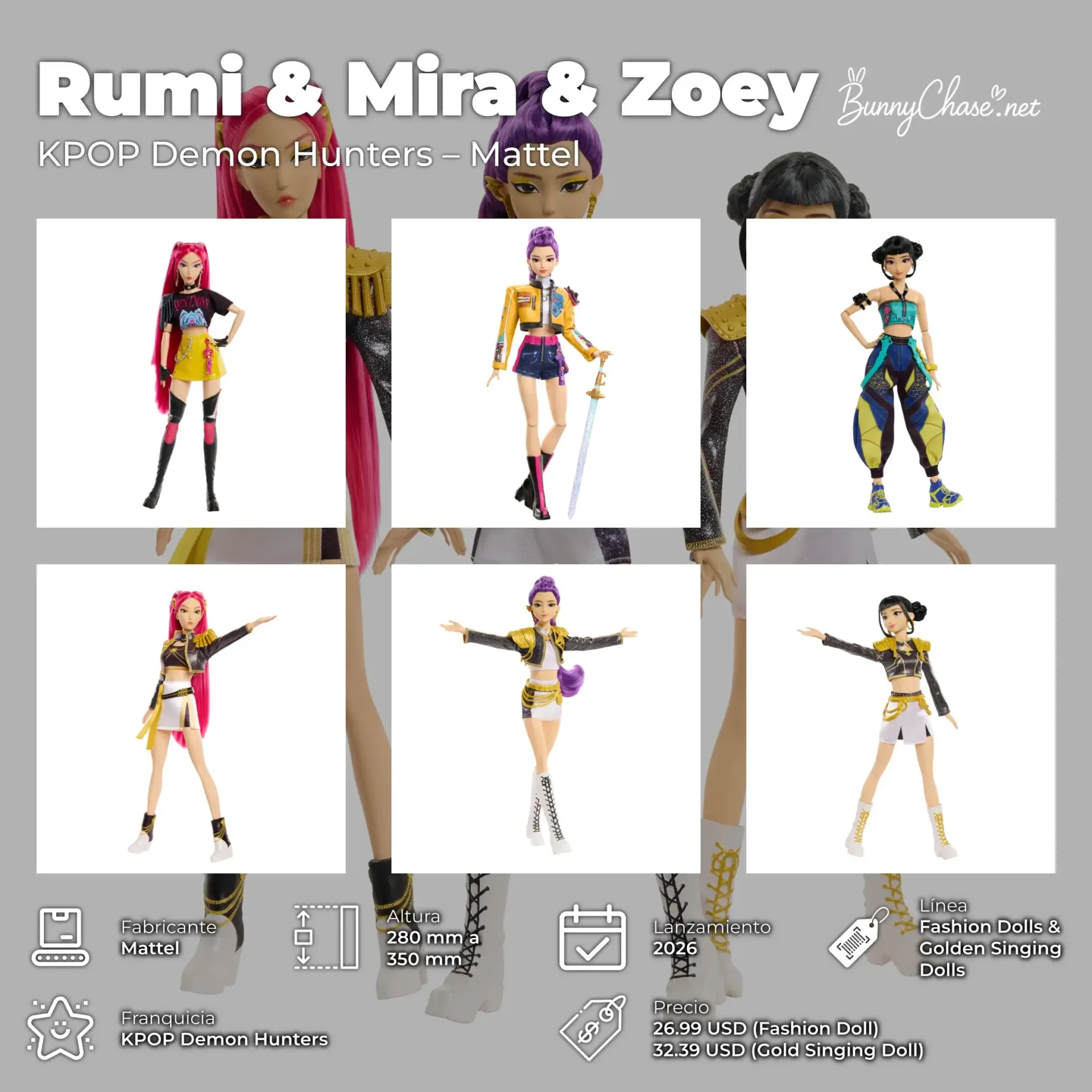 KPOP Demon Hunters: Mattel presenta las 6 muñecas de HUNTR/X con versiones Fashion y Golden Singing - BunnyChase